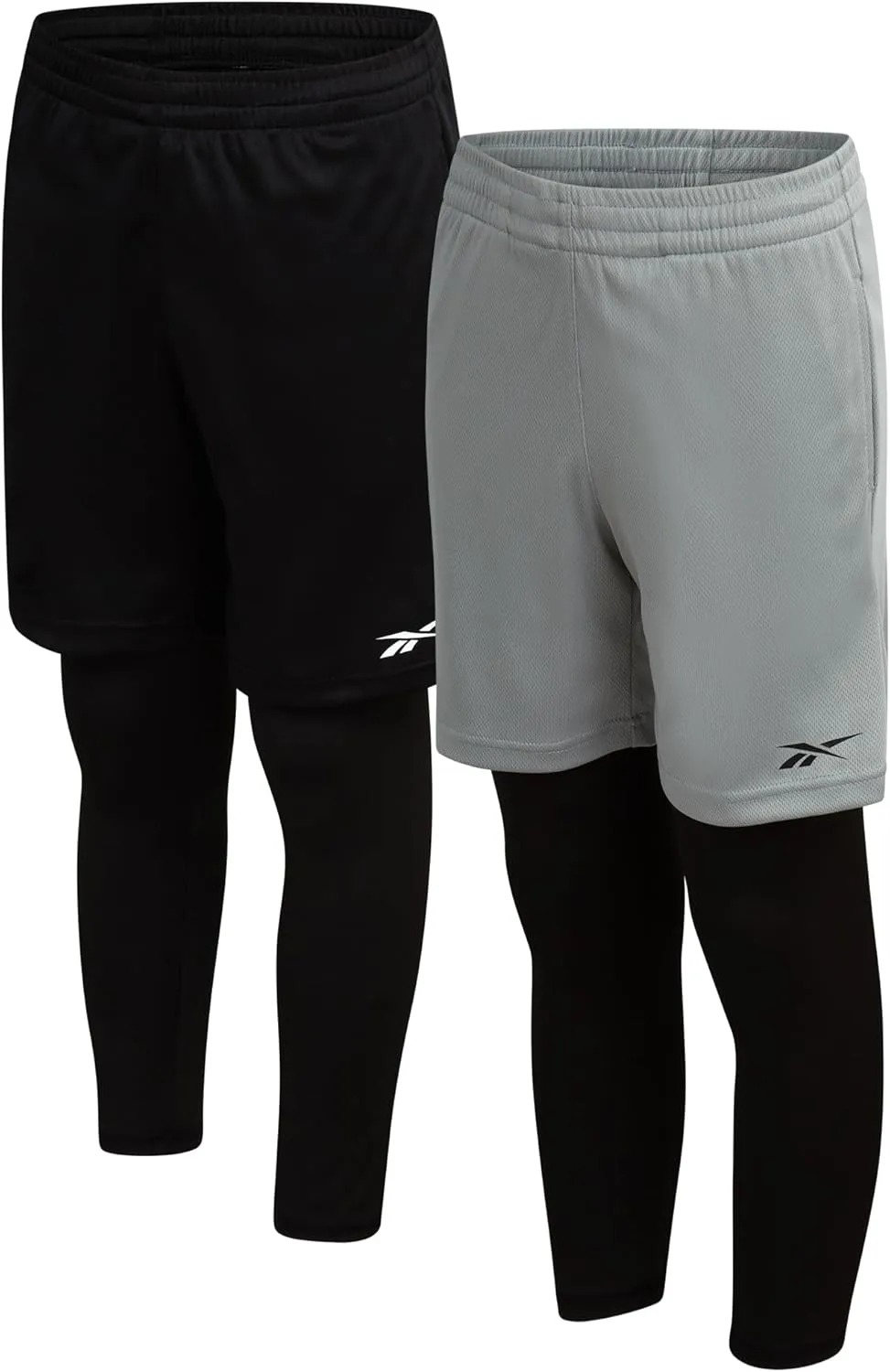 Reebok Boys Basketball Shorts - 2 Pack 2-in-1 Boys Athletic Shorts for Running with Compression Leggings Pockets & Drawstring