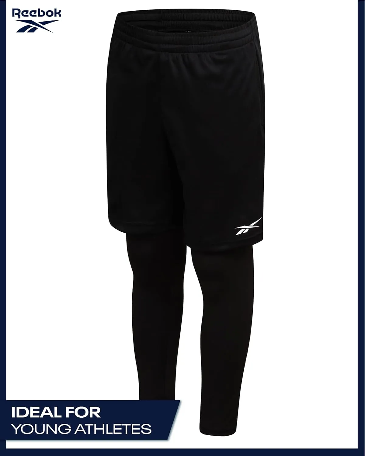 Reebok Boys Basketball Shorts - 2 Pack 2-in-1 Boys Athletic Shorts for Running with Compression Leggings Pockets & Drawstring