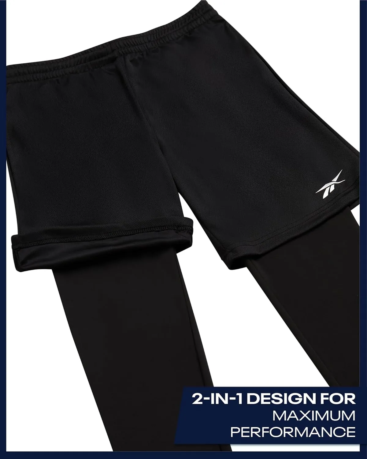 Reebok Boys Basketball Shorts - 2 Pack 2-in-1 Boys Athletic Shorts for Running with Compression Leggings Pockets & Drawstring