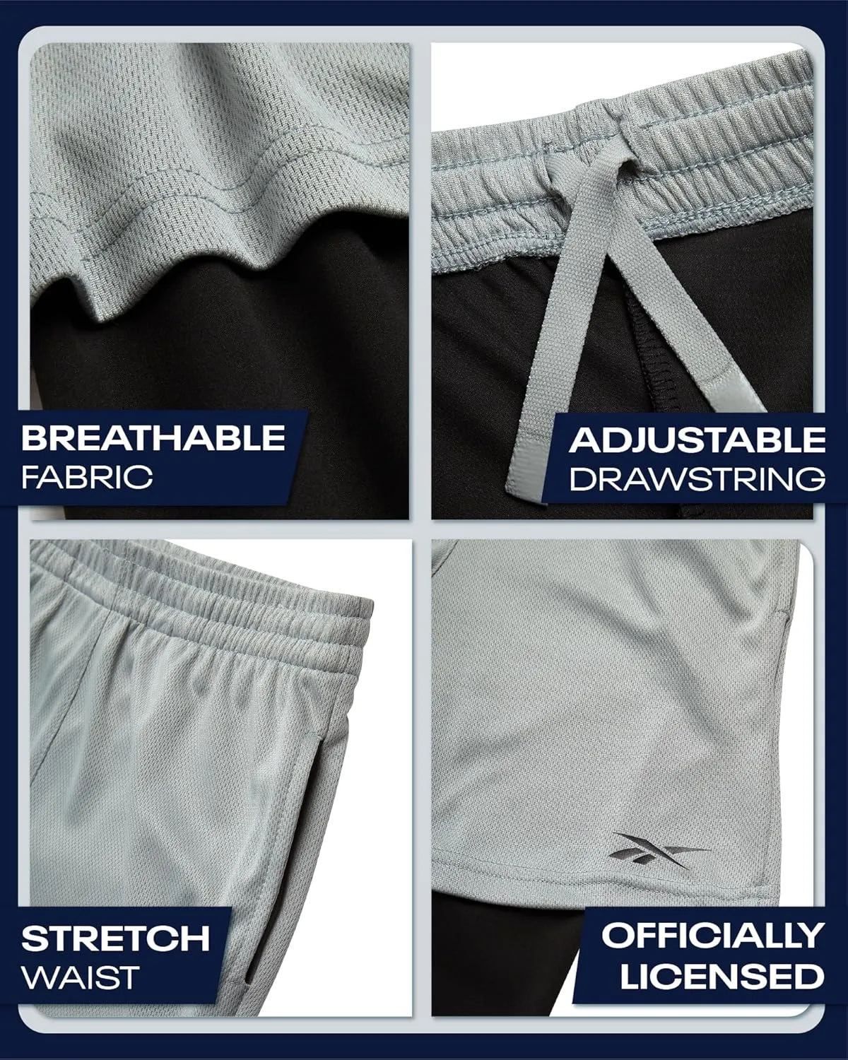 Reebok Boys Basketball Shorts - 2 Pack 2-in-1 Boys Athletic Shorts for Running with Compression Leggings Pockets & Drawstring