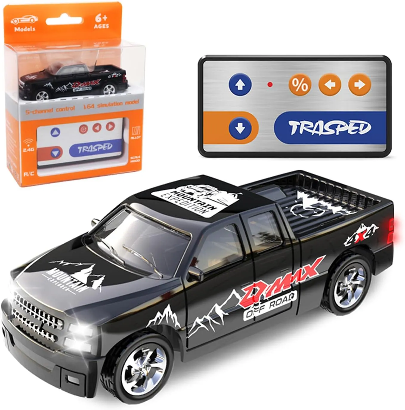 Remote Control Car for Kids 6 , 2.4Ghz Adjustable Speed RC Cars with Car Lights, USB-C Recharging, 1:64 Scale Alloy Pickup Toy Trucks, Festive Gift for Kids