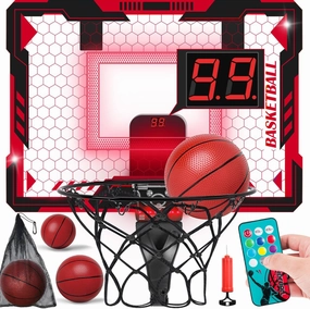 Remote Control Mini Basketball Hoop Indoor for Kids, Over Door Hoop Basketball with Electronic Scoreboard, Indoor Basketball Hoop with 4 Balls,Storage Clip&Bag,7 LED Light Toy Gift for Boy Girl 3 ,Red