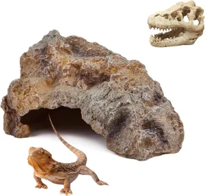 Reptile hideouts Come with Dinosaur Skull Hideout, Reptile Rock Reptile Cave Hideout Habitat Decor Ornament Shelter for Snake Geckos Lizards Bearded Dragon Turtle Snake Amphibians (Middle)