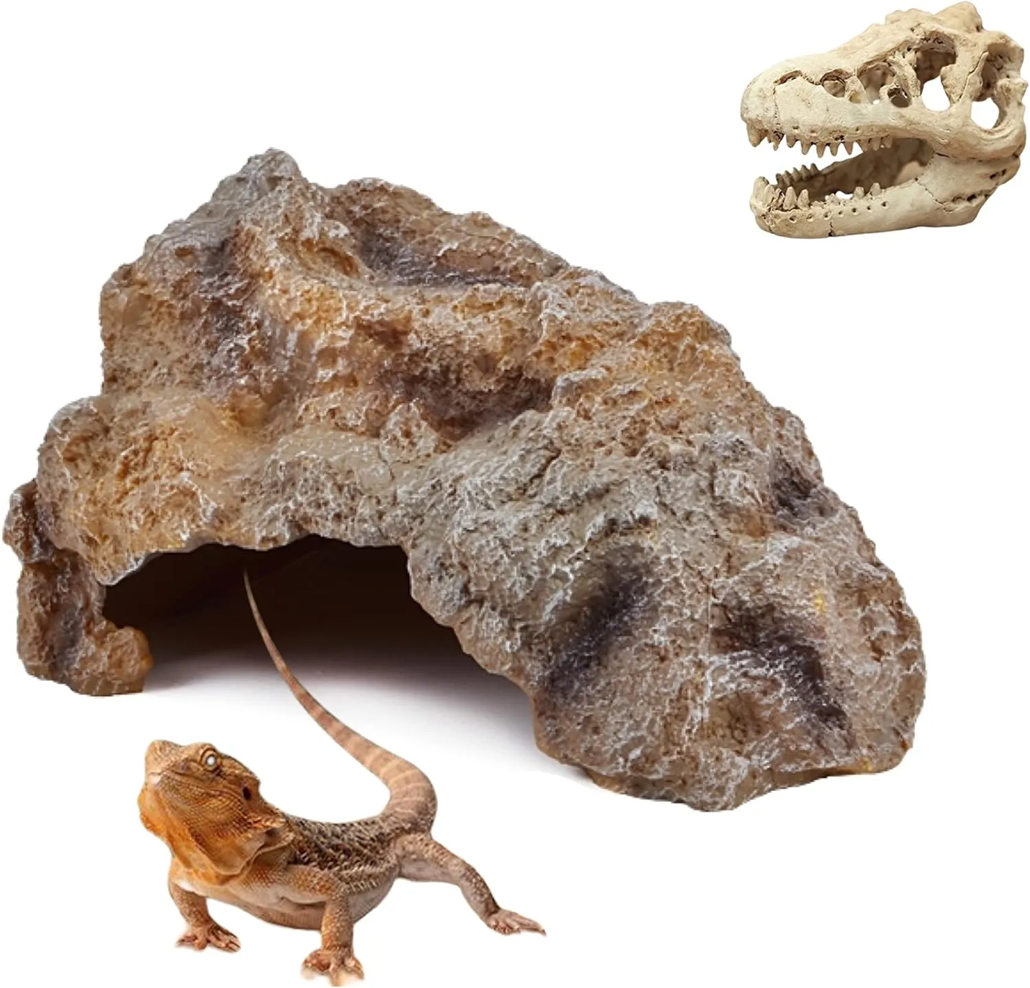 Reptile hideouts Come with Dinosaur Skull Hideout, Reptile Rock Reptile Cave Hideout Habitat Decor Ornament Shelter for Snake Geckos Lizards Bearded Dragon Turtle Snake Amphibians (Middle)