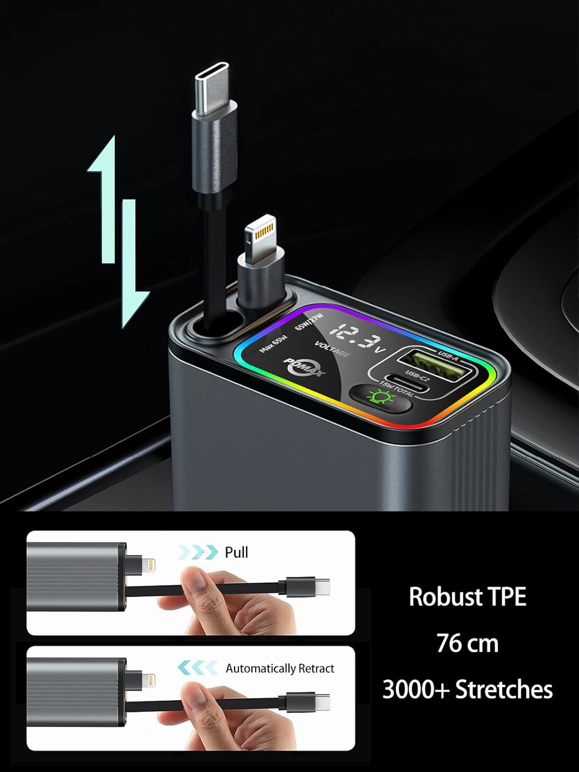 Retractable Car Charger USB C,145W Type C Car Charger Fast Charging with Dual Retractable USB C Cable and USB Ports, Compatible with iPhone 16/15,S25/24/23/22, Pixel 9/8/7