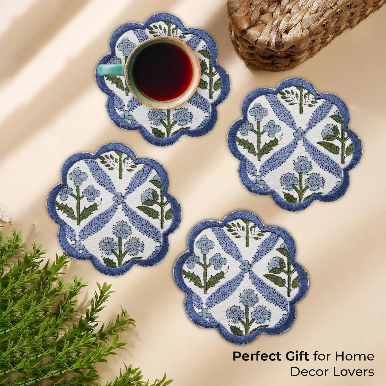 Ridhi Hand Block Print 8- pcs Canvas Cotton Drink Absorbent Stylish Embroidery Scallop Coaster Set Boho Modern Home Decor and Wooden Table Protection 5 inch Light Steel Blue