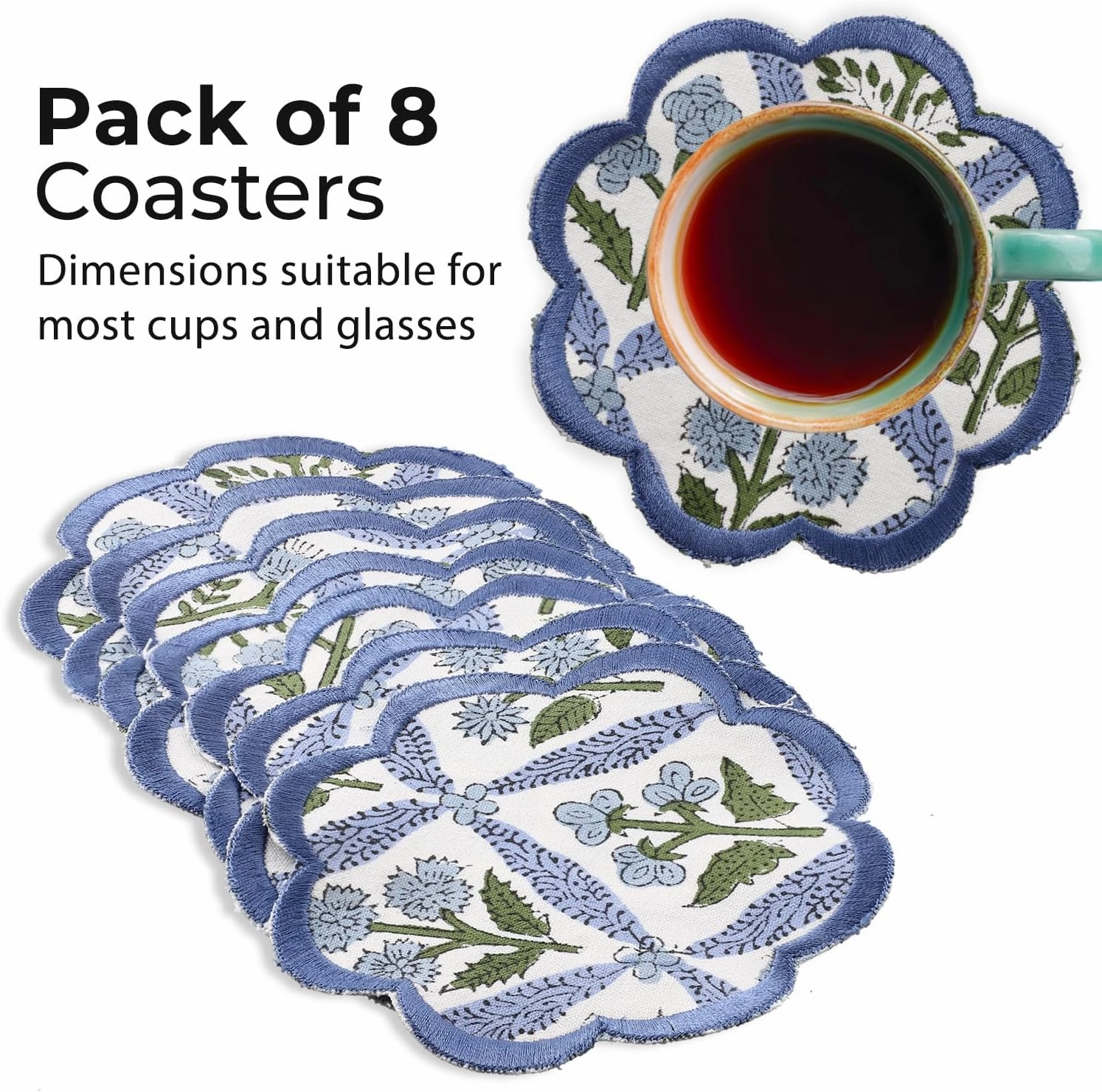 Ridhi Hand Block Print 8- pcs Canvas Cotton Drink Absorbent Stylish Embroidery Scallop Coaster Set Boho Modern Home Decor and Wooden Table Protection 5 inch Light Steel Blue