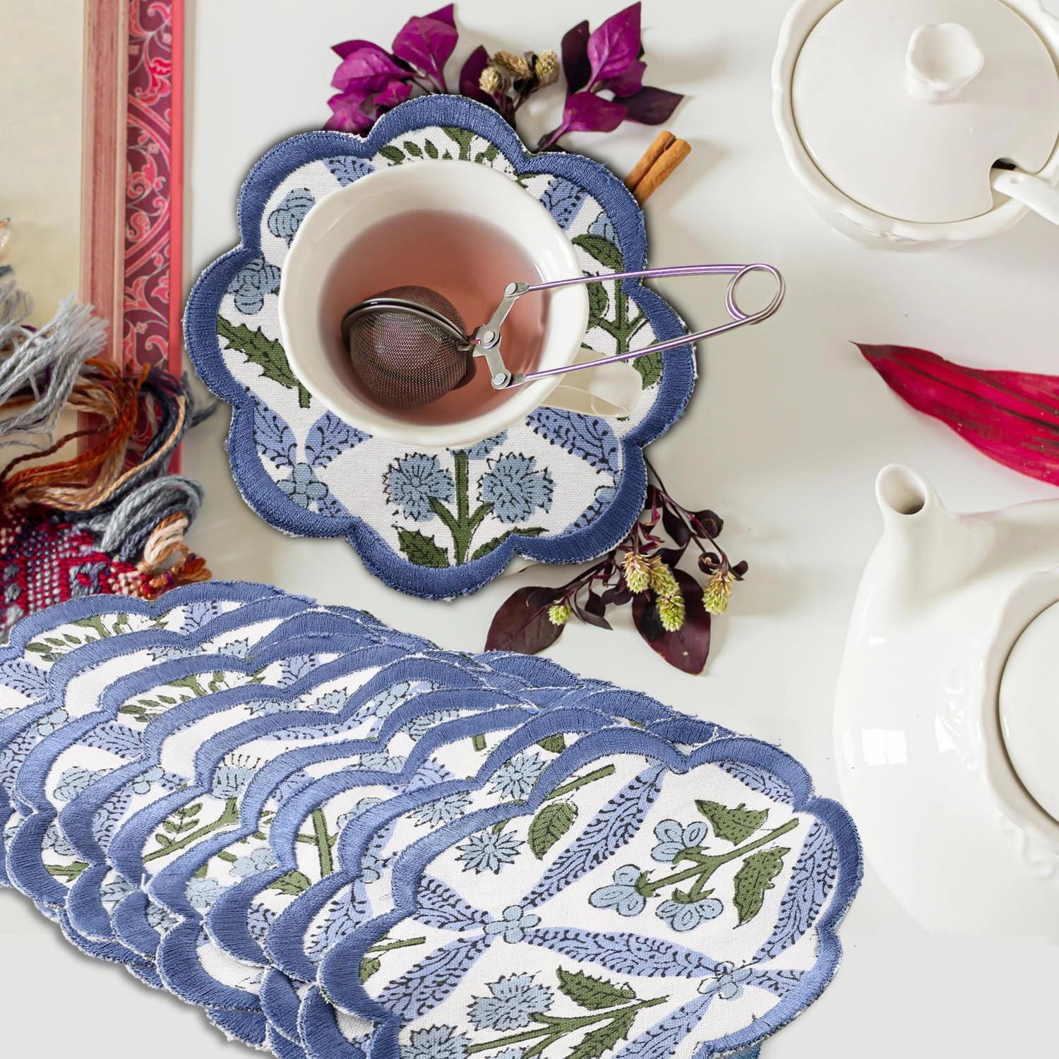 Ridhi Hand Block Print 8- pcs Canvas Cotton Drink Absorbent Stylish Embroidery Scallop Coaster Set Boho Modern Home Decor and Wooden Table Protection 5 inch Light Steel Blue