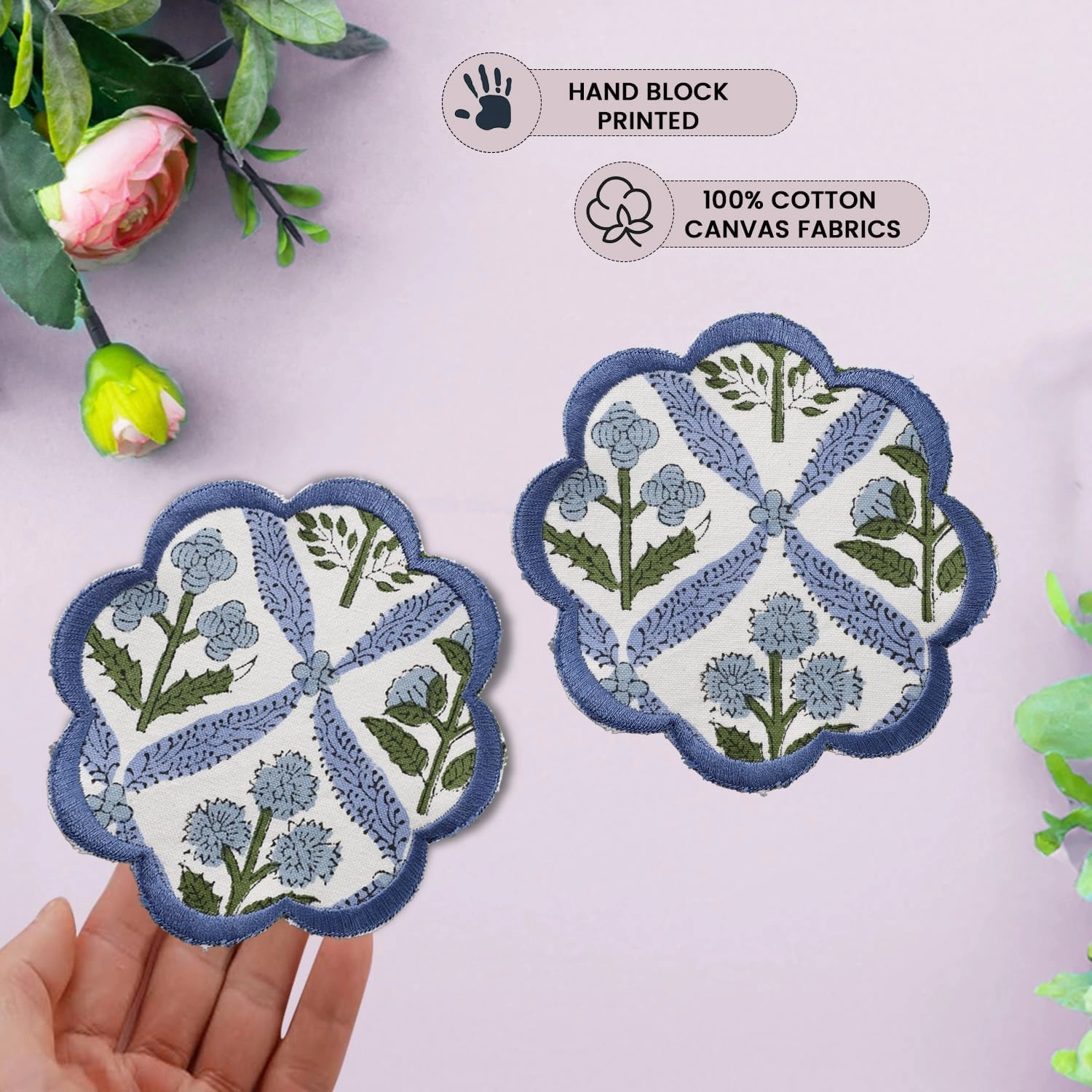 Ridhi Hand Block Print 8- pcs Canvas Cotton Drink Absorbent Stylish Embroidery Scallop Coaster Set Boho Modern Home Decor and Wooden Table Protection 5 inch Light Steel Blue
