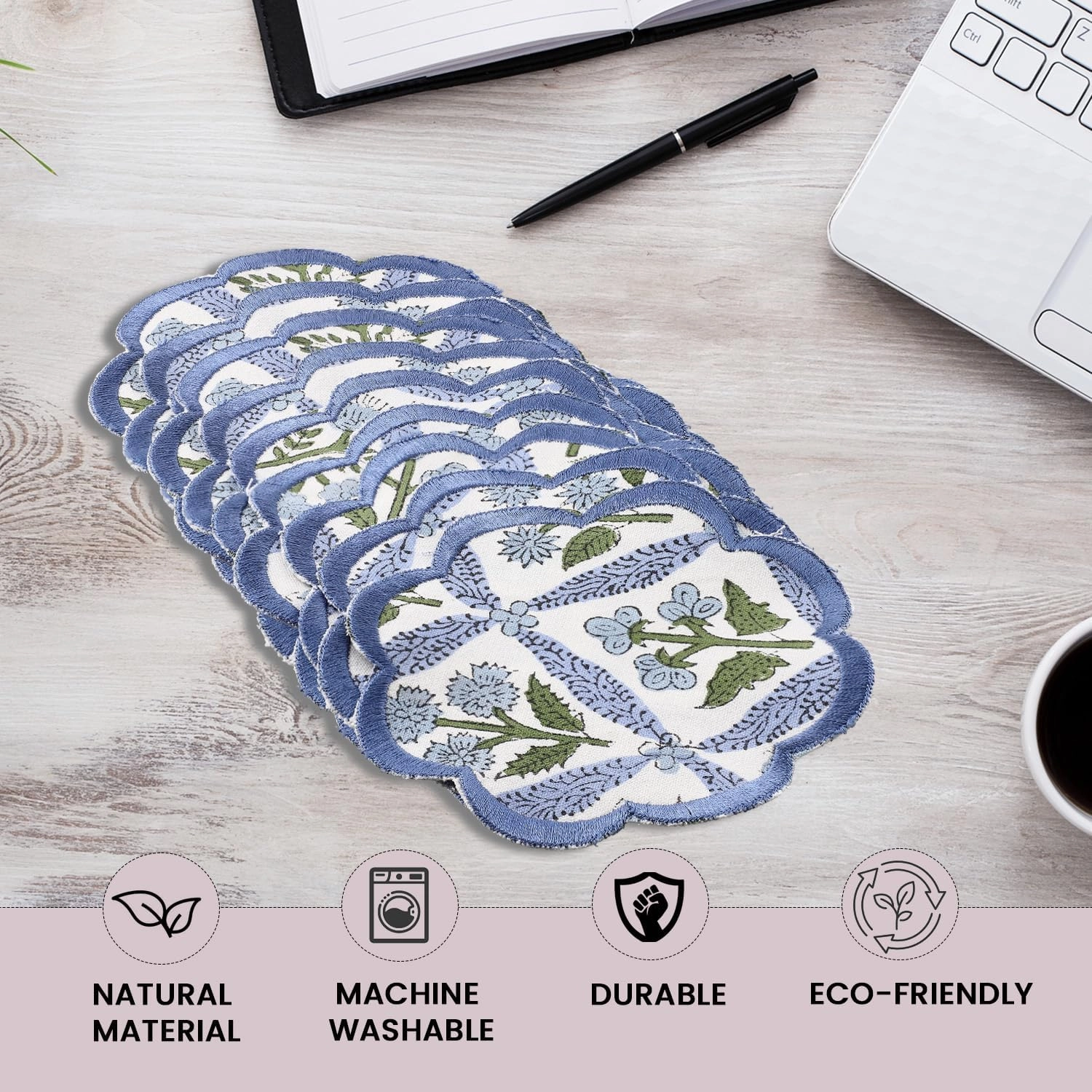 Ridhi Hand Block Print 8- pcs Canvas Cotton Drink Absorbent Stylish Embroidery Scallop Coaster Set Boho Modern Home Decor and Wooden Table Protection 5 inch Light Steel Blue