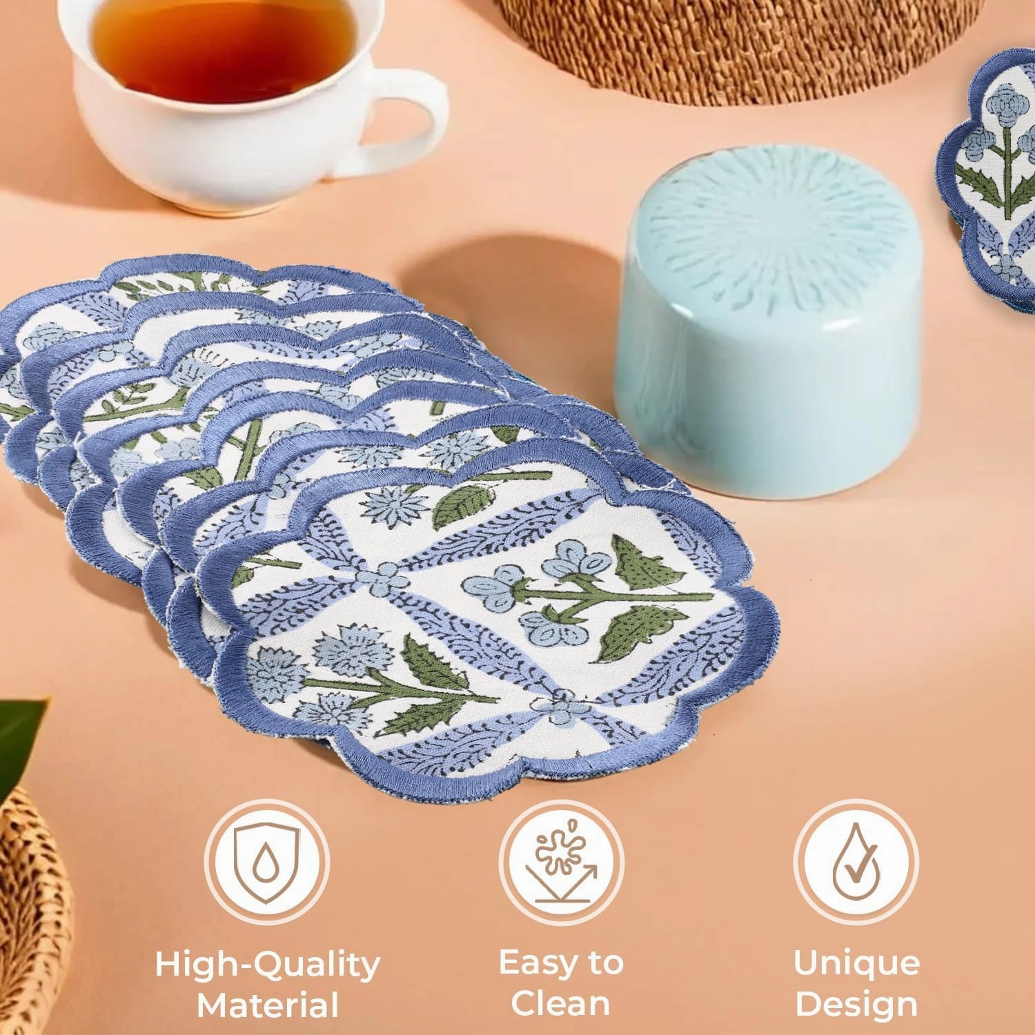 Ridhi Hand Block Print 8- pcs Canvas Cotton Drink Absorbent Stylish Embroidery Scallop Coaster Set Boho Modern Home Decor and Wooden Table Protection 5 inch Light Steel Blue