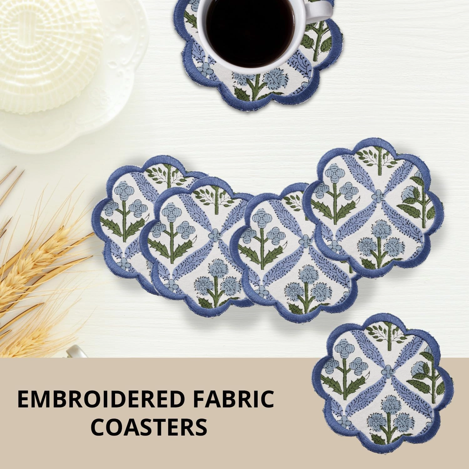Ridhi Hand Block Print 8- pcs Canvas Cotton Drink Absorbent Stylish Embroidery Scallop Coaster Set Boho Modern Home Decor and Wooden Table Protection 5 inch Light Steel Blue