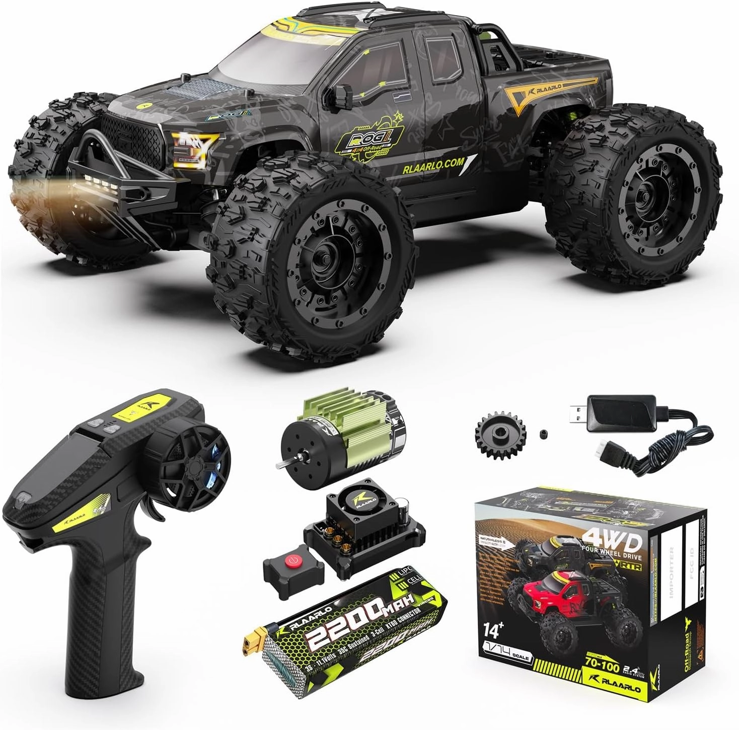 RLAARLO 1/14 Brushless Fast RC Cars for Adults, Top Speed 60  MPH RC Truck, All Terrain Remote Control Car Hobby Off-Road Remote Control Truck 4x4 Monster Trucks with 3S Battery