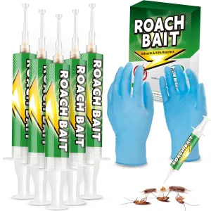Roach Gel Bait 5 Pack - Fast-Acting Indoor Cockroach Infestation Killer for Indoor Pest Control, Targets German American Oriental Roaches, Includes Gloves and Applicator