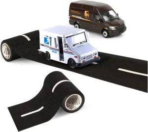 Road Tape Diecast Toy Trucks Set- Reusable, Realistic Road Tape, UPS Sprinter Van, and United States Postal Mail Truck- Pullback Truck Toys with Detailed Interior, Moveable Openable Door