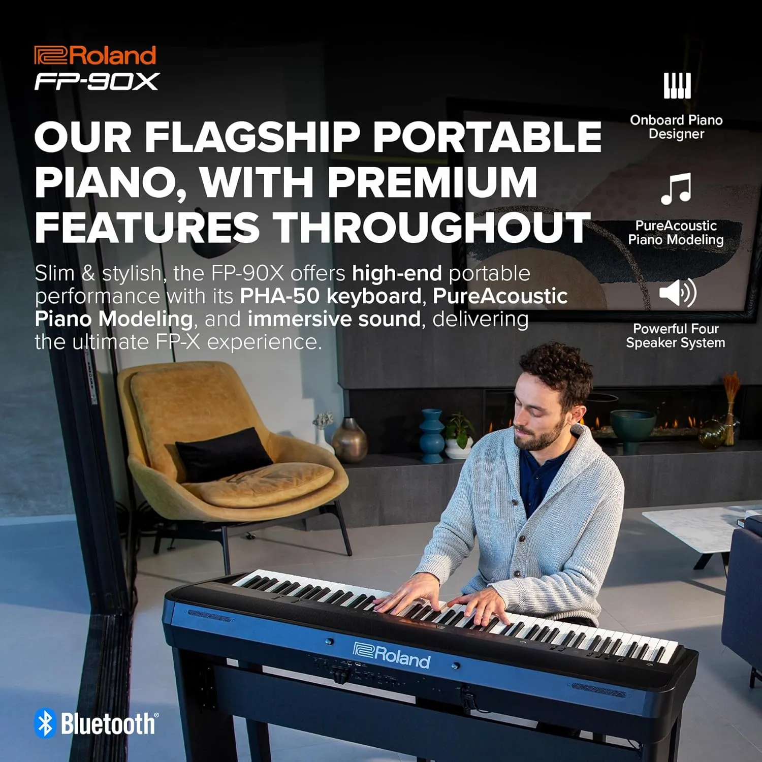 Roland, 88-Key FP-90X Portable Digital Piano with Premium Features and Built-in Powerful Amplifier and Stereo Speakers (FP-90X-BK)