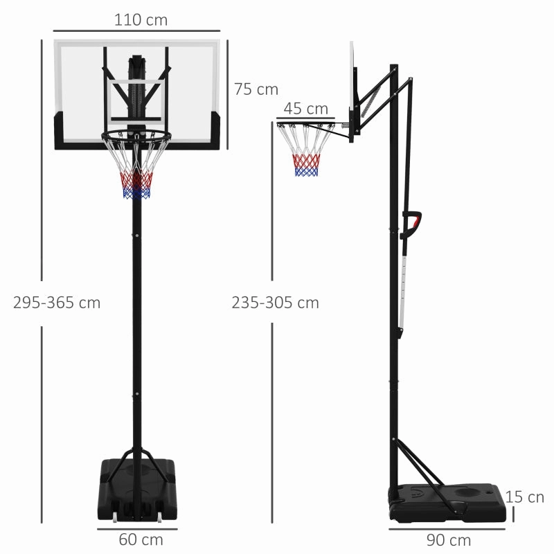 Rootz Basketball Hoop Stand - Adjustable Basket - Mobile Backboard - Shatterproof Design - 110cm x 75cm - Height 295-365cm
