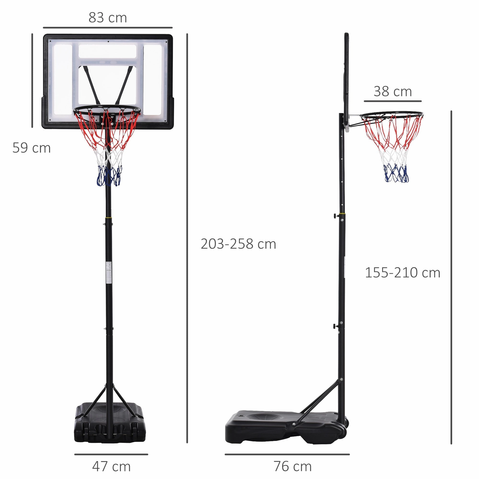 Rootz Height Adjustable Basketball Hoop - Standing Hoop - Performance Base - Unbreakable Backboard - 83cm x 59cm x 203-258cm