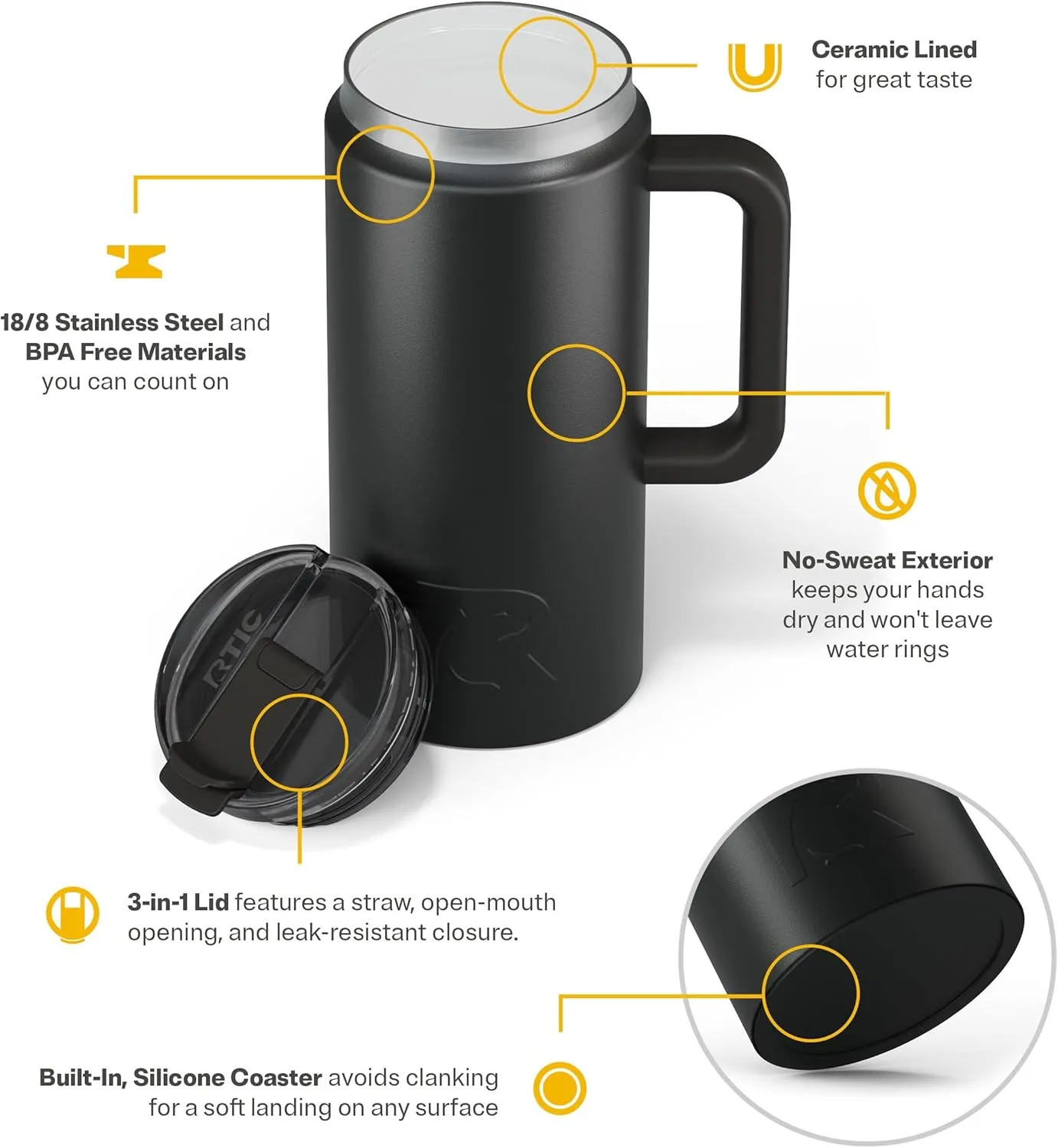 RTIC 64 oz Ceramic Lined Insulated Road Trip Tumbler, Leak-Resistant Lid, Black