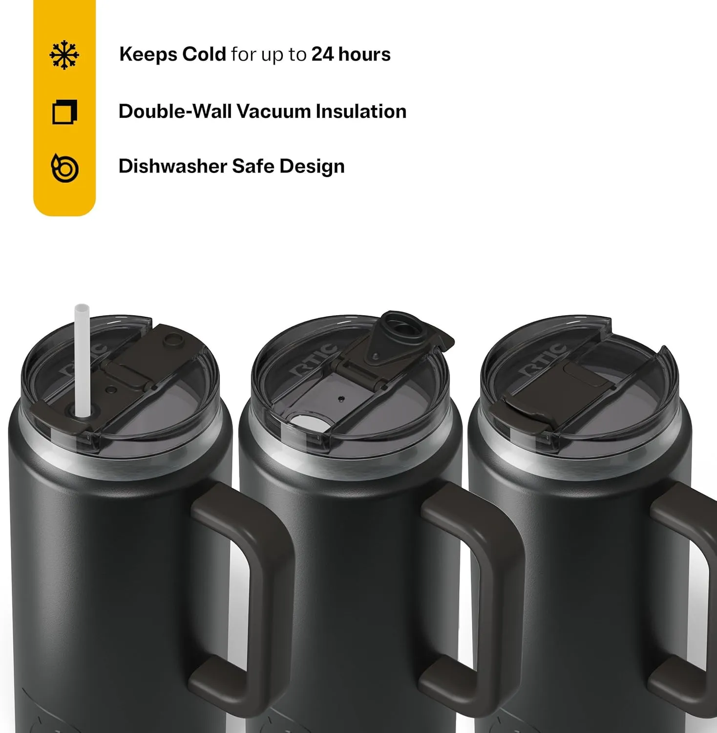 RTIC 64 oz Ceramic Lined Insulated Road Trip Tumbler, Leak-Resistant Lid, Black