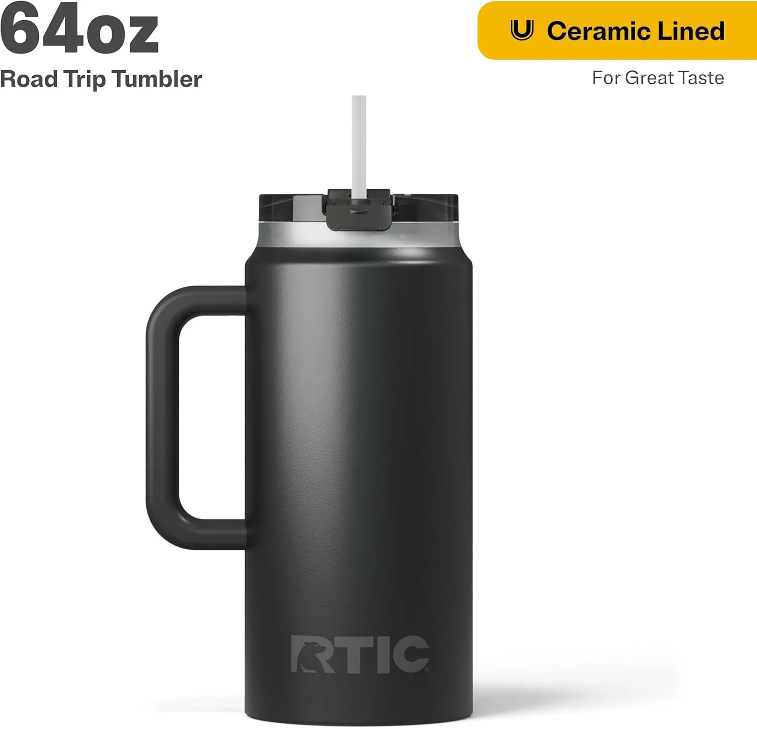 RTIC 64 oz Ceramic Lined Insulated Road Trip Tumbler, Leak-Resistant Lid, Black