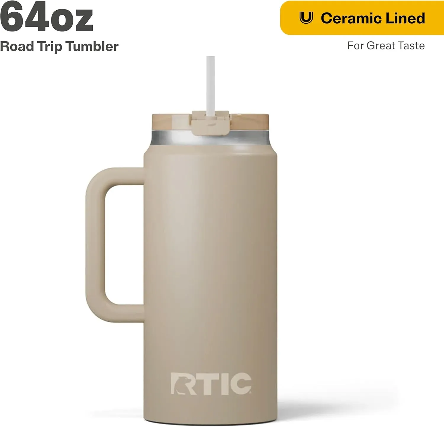 RTIC 64 oz Ceramic Lined Insulated Road Trip Tumbler, Leak-Resistant Lid, White