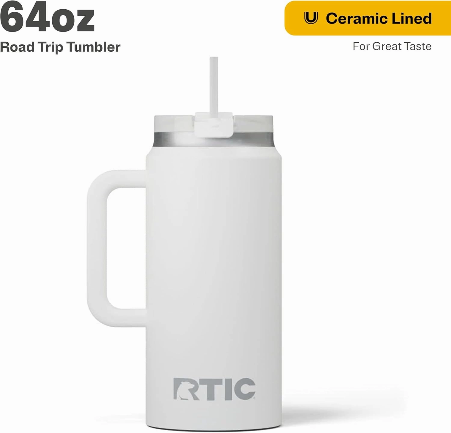 RTIC 64 oz Ceramic Lined Insulated Road Trip Tumbler, Leak-Resistant Lid, White