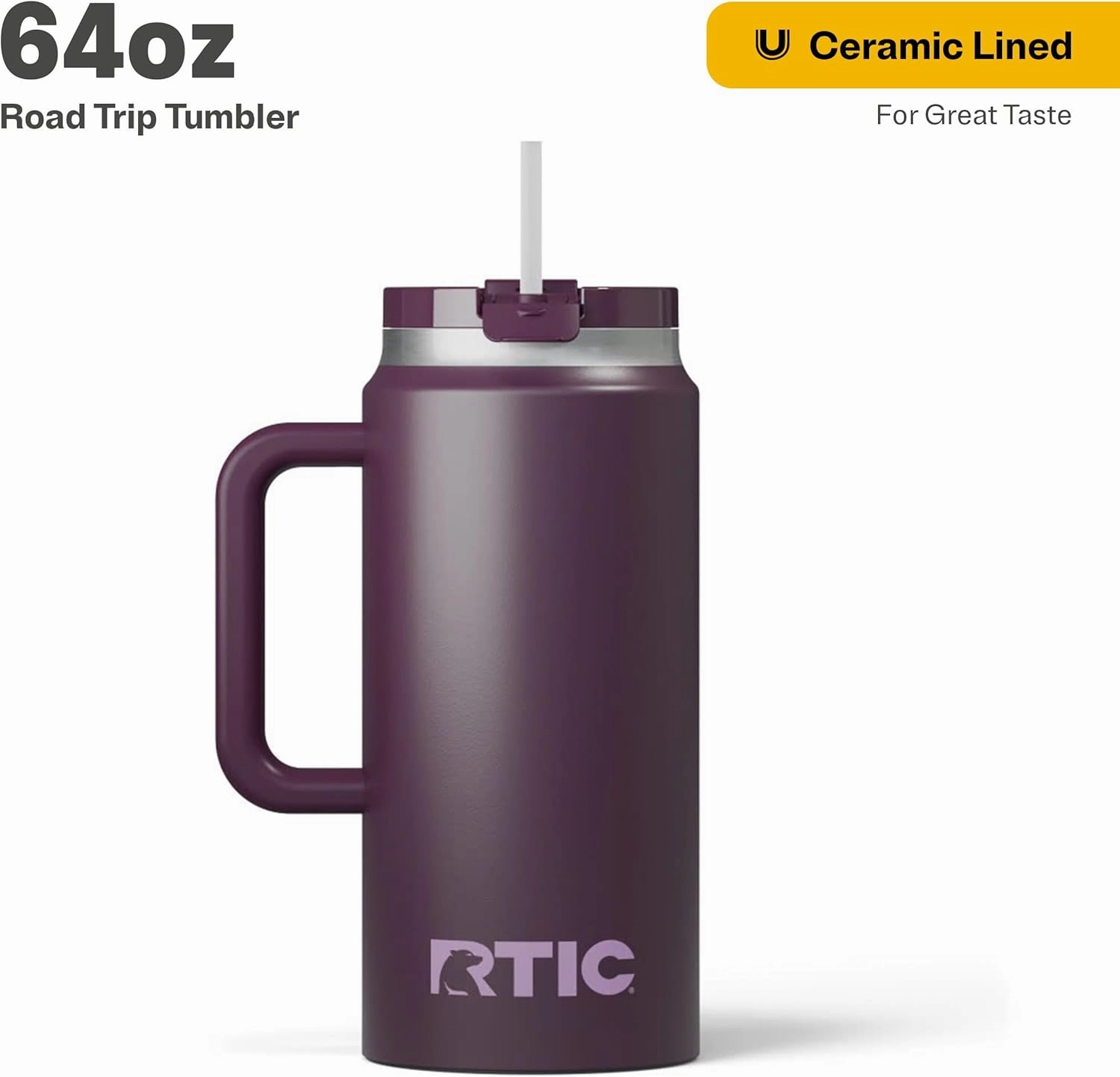 RTIC 64 oz Ceramic Lined Insulated Road Trip Tumbler, Leak-Resistant Lid, White
