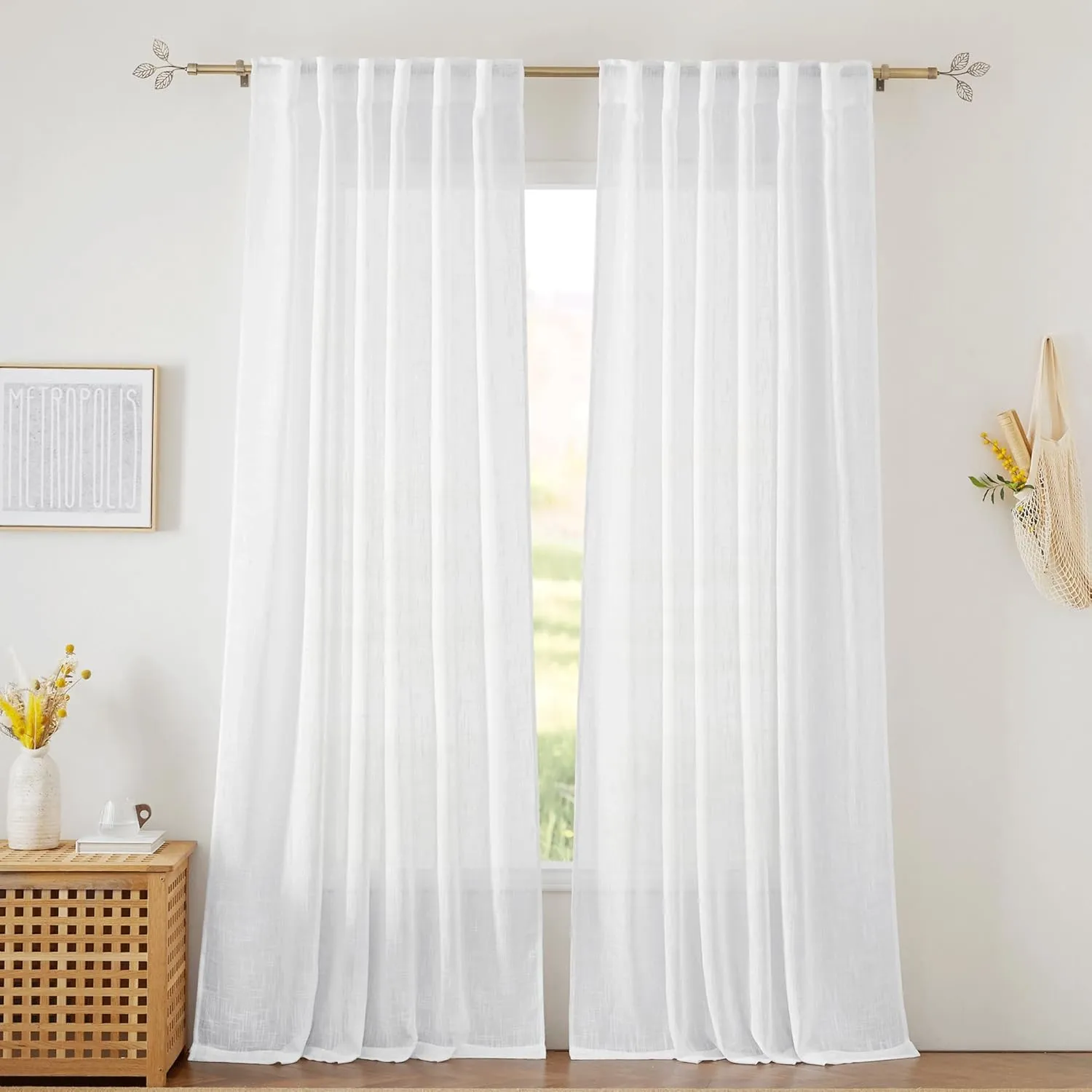 RYB HOME White Curtains Sheer - Linen Texture Sheer Window Covering, Light & Airy Translucent Panels for Bedroom Living Room Patio Glass Door, 52 inch Width x 95 inch Length, Set of 2