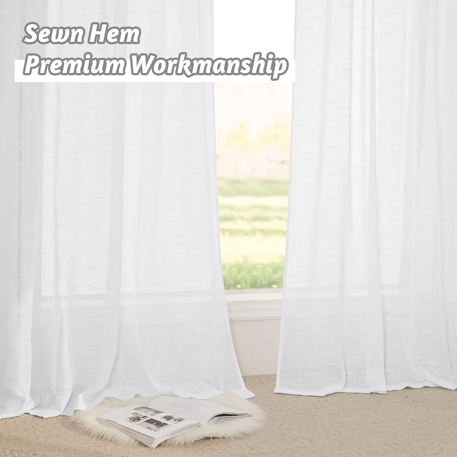 RYB HOME White Curtains Sheer - Linen Texture Sheer Window Covering, Light & Airy Translucent Panels for Bedroom Living Room Patio Glass Door, 52 inch Width x 95 inch Length, Set of 2