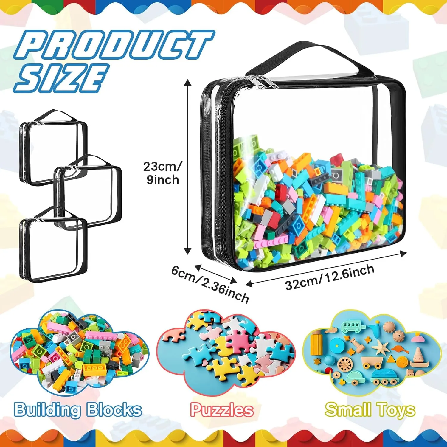 Sanwuta 12 pcs Clear PVC Toy Storage Bags with Zipper Waterproof Toy Bags Puzzles Organizing Container for Books Board Games Building Blocks Toiletry(Black)