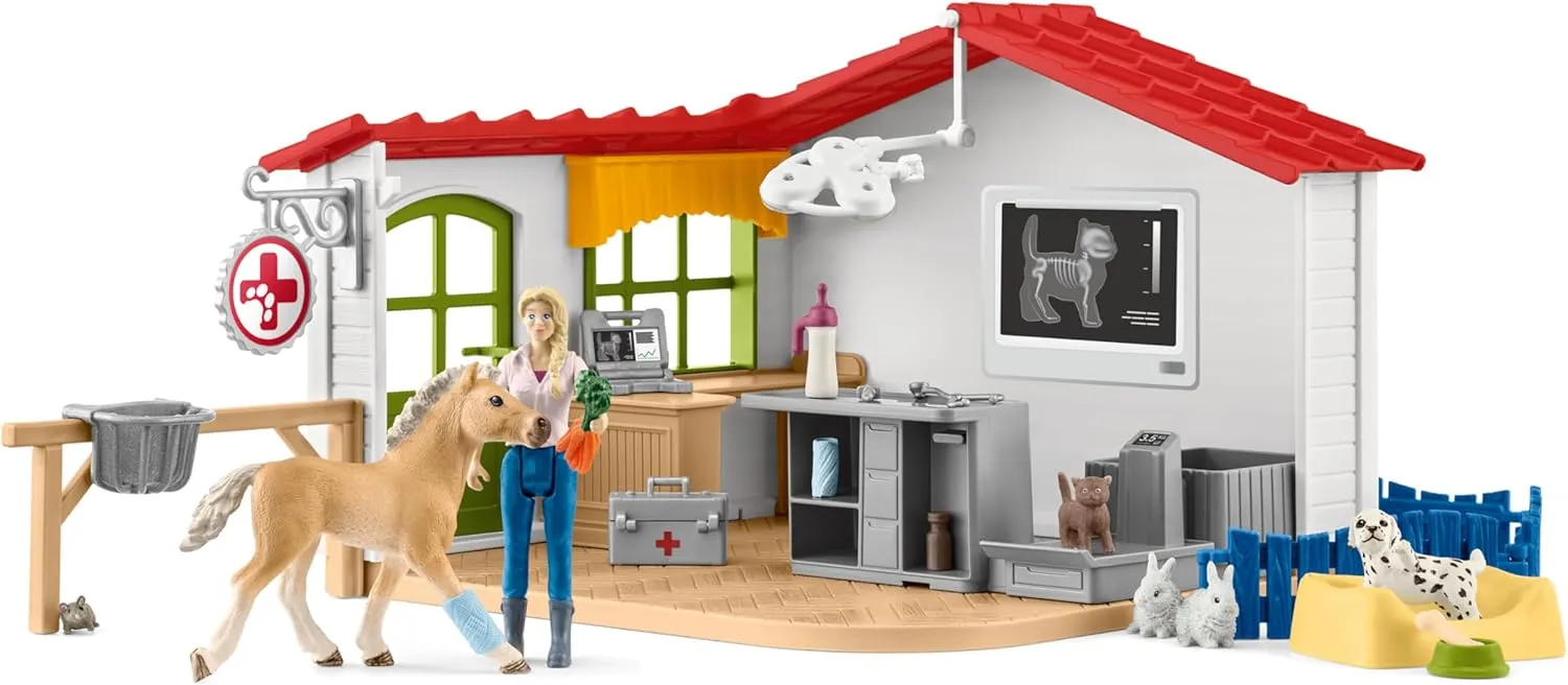 Schleich Farm World - 43 PC Veterinarian Set for Kids - Pet Veterinary Playset has Office, Vet Figurine, Horse, Dog, Cat Animal Toy and Accessories - Educational Toys for Children and Toddlers Ages 3 