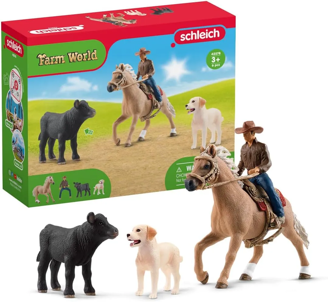 Schleich Farm World, Rodeo Toy for Kids, Western Riding Adventures with Cowboy, Rider, and Horse Toy, 6-Piece Set