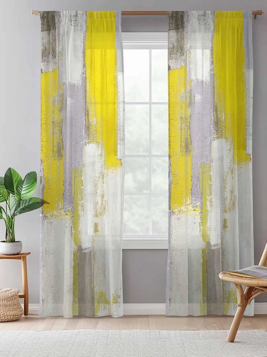 Semi Sheer Curtains for Home, Abstract Yellow Smear Texture Modern Light Filtering Sheer Rod Pocket Drapes for Kitchen Living Room Bedroom, 52"x108" 1 Panel