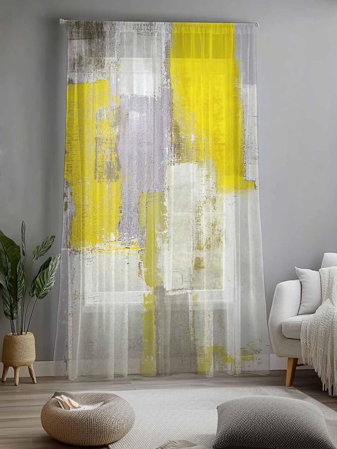 Semi Sheer Curtains for Home, Abstract Yellow Smear Texture Modern Light Filtering Sheer Rod Pocket Drapes for Kitchen Living Room Bedroom, 52"x108" 1 Panel