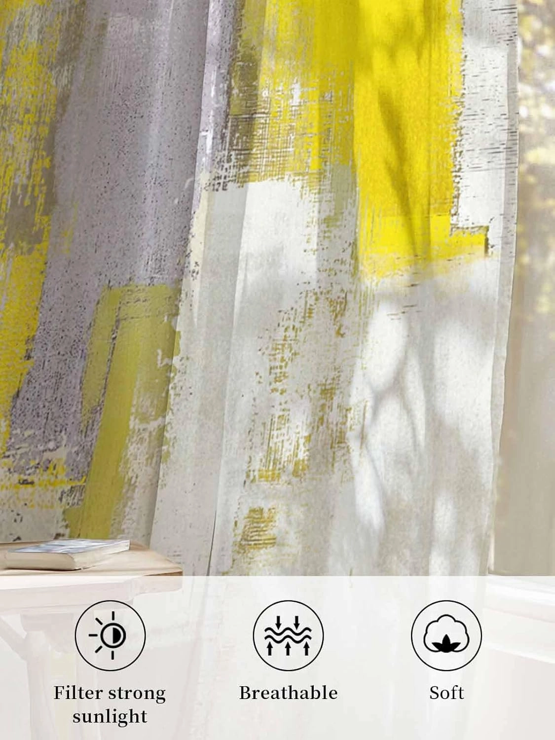 Semi Sheer Curtains for Home, Abstract Yellow Smear Texture Modern Light Filtering Sheer Rod Pocket Drapes for Kitchen Living Room Bedroom, 52"x108" 1 Panel