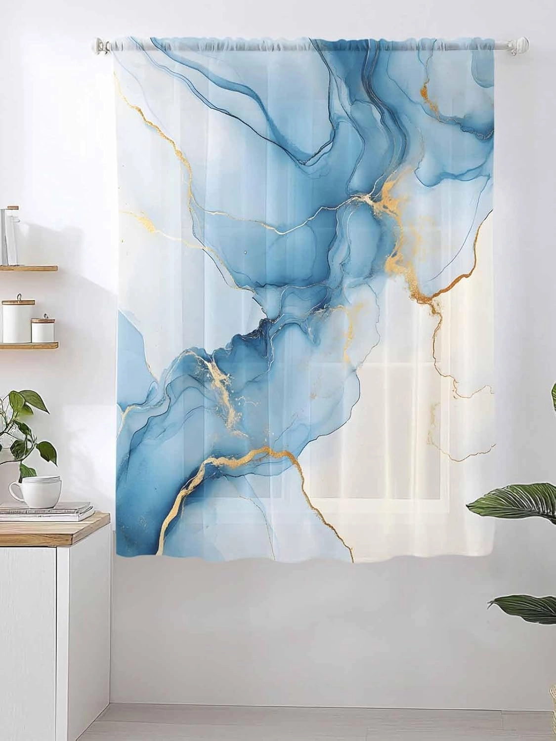 Semi Sheer Curtains for Home, Retro Abstract Art Navy Blue Gradient Marble Texture Light Filtering Sheer Rod Pocket Drapes for Kitchen Living Room Bedroom, 52"x72" 1 Panel