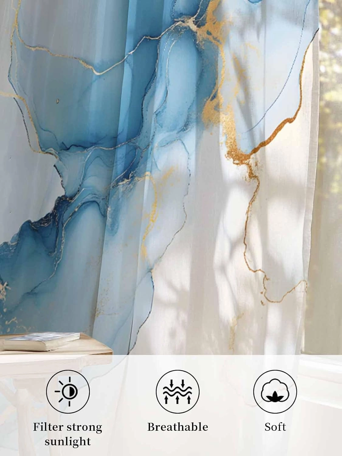 Semi Sheer Curtains for Home, Retro Abstract Art Navy Blue Gradient Marble Texture Light Filtering Sheer Rod Pocket Drapes for Kitchen Living Room Bedroom, 52"x72" 1 Panel