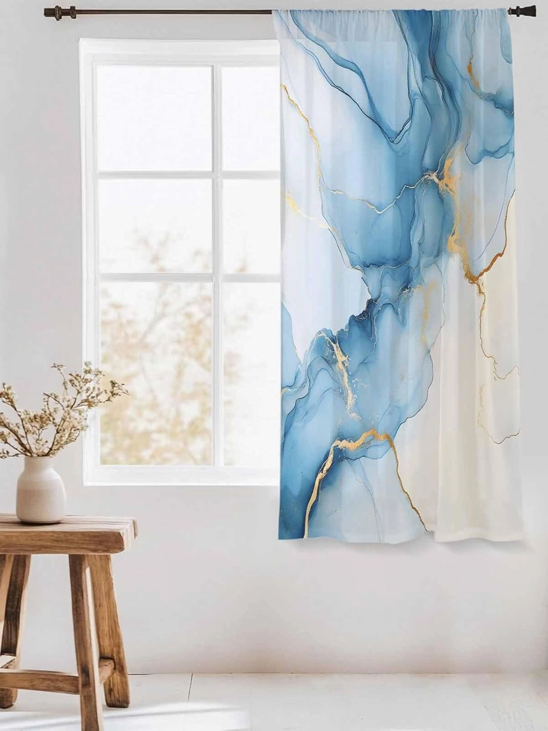 Semi Sheer Curtains for Home, Retro Abstract Art Navy Blue Gradient Marble Texture Light Filtering Sheer Rod Pocket Drapes for Kitchen Living Room Bedroom, 52"x72" 1 Panel