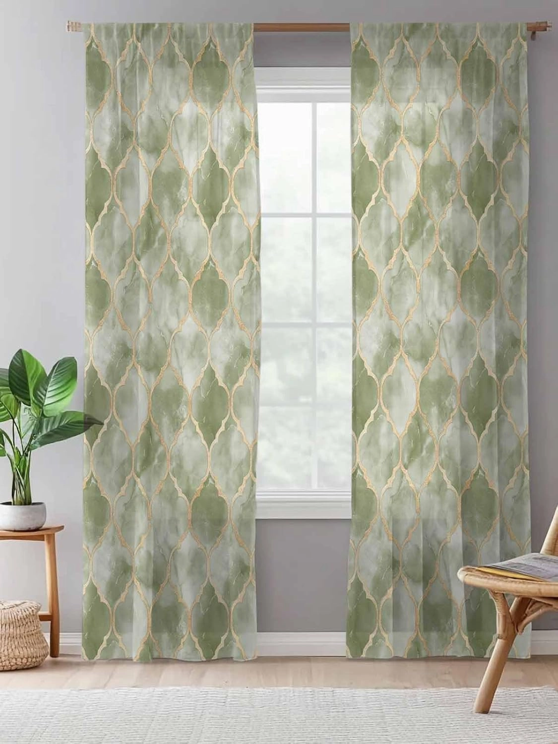 Semi Sheer Curtains for Home, Sage Green Geometric Tiled Texture Light Filtering Sheer Rod Pocket Drapes for Kitchen Living Room Bedroom, 52"x96" 1 Panel