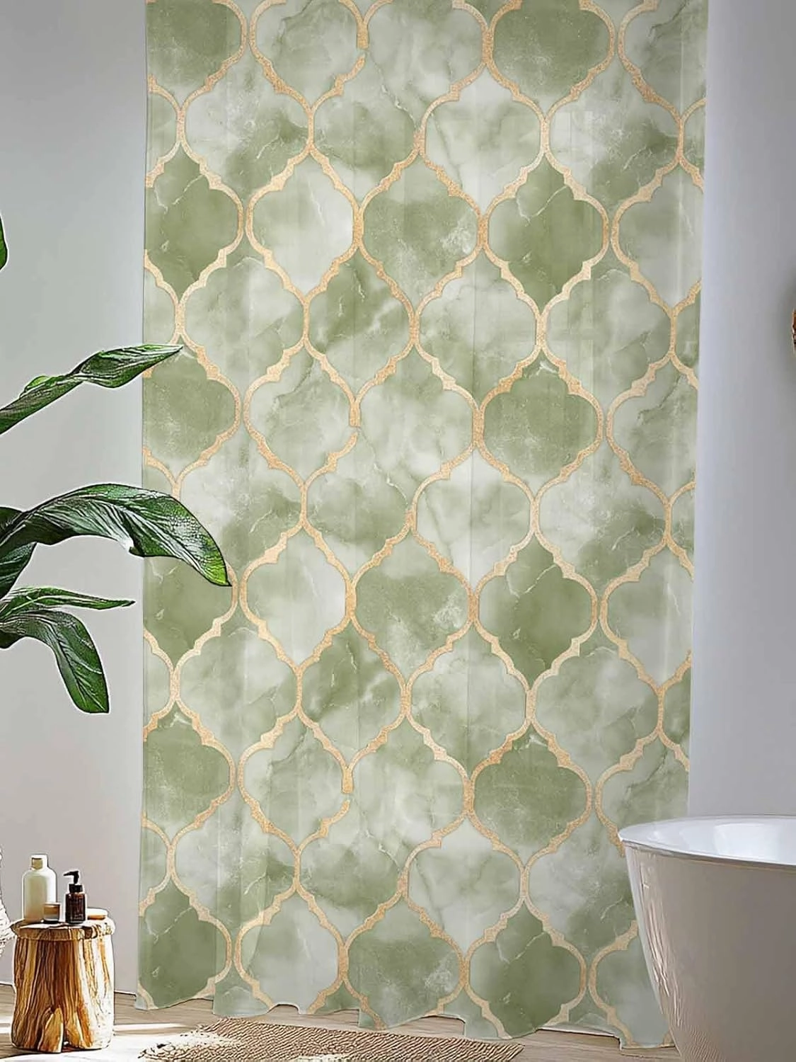 Semi Sheer Curtains for Home, Sage Green Geometric Tiled Texture Light Filtering Sheer Rod Pocket Drapes for Kitchen Living Room Bedroom, 52"x96" 1 Panel