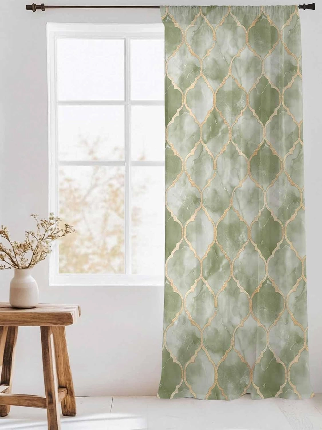 Semi Sheer Curtains for Home, Sage Green Geometric Tiled Texture Light Filtering Sheer Rod Pocket Drapes for Kitchen Living Room Bedroom, 52"x96" 1 Panel