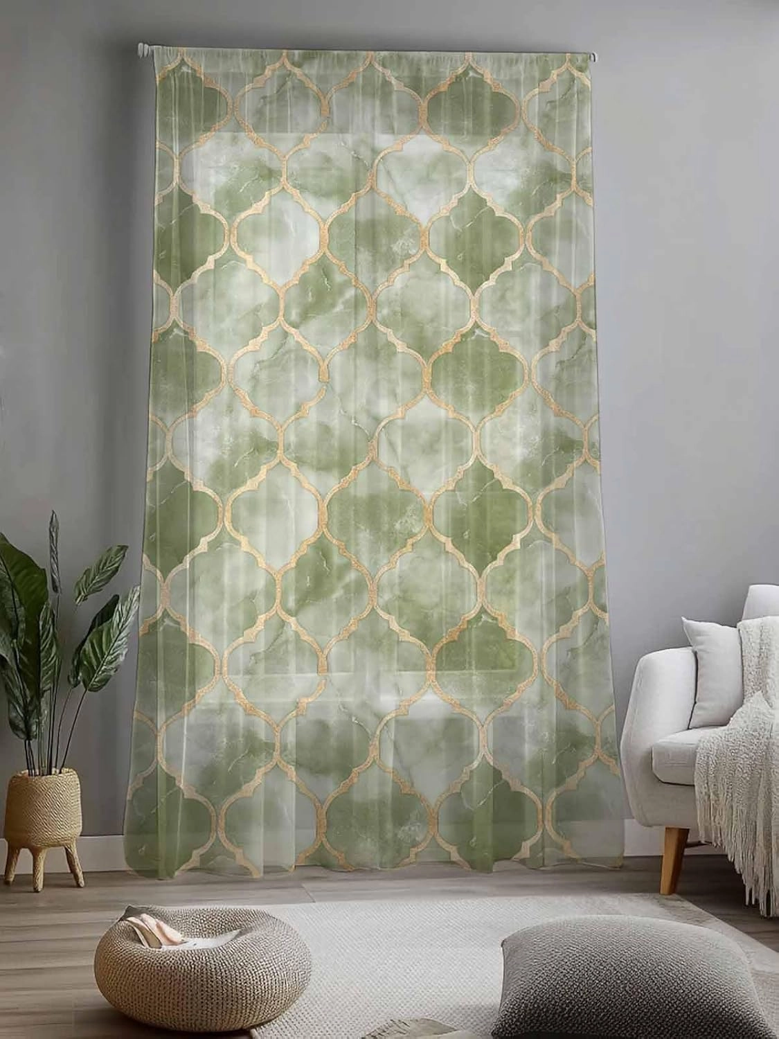 Semi Sheer Curtains for Home, Sage Green Geometric Tiled Texture Light Filtering Sheer Rod Pocket Drapes for Kitchen Living Room Bedroom, 52"x96" 1 Panel