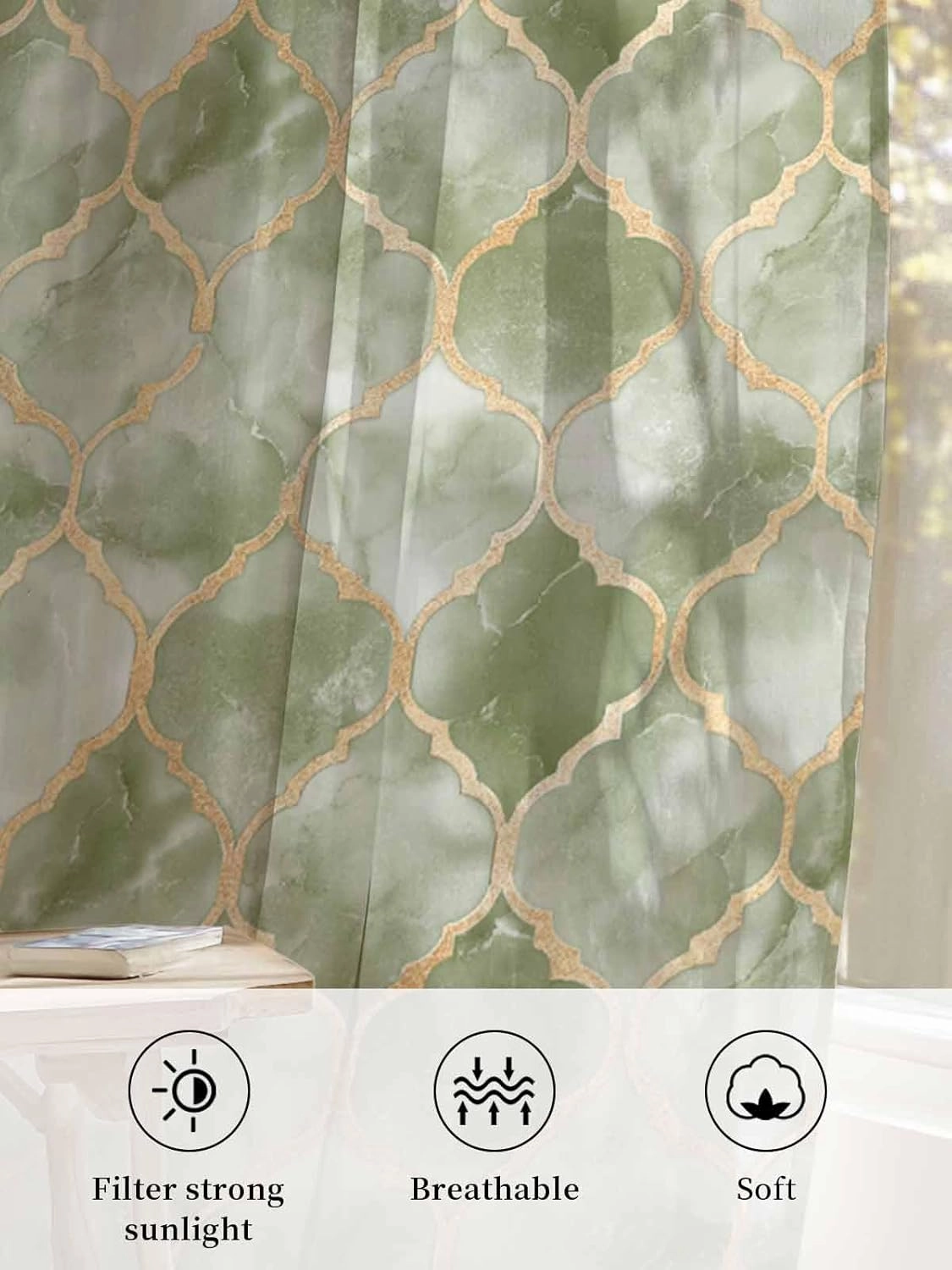 Semi Sheer Curtains for Home, Sage Green Geometric Tiled Texture Light Filtering Sheer Rod Pocket Drapes for Kitchen Living Room Bedroom, 52"x96" 1 Panel