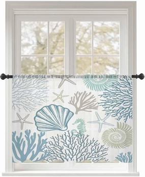 Semi Sheer Curtains for Home, Summer Ocean Starfish Shell Coral Texture Vintage Light Filtering Sheer Rod Pocket Drapes for Kitchen Living Room Bedroom, 52"x54" 1 Panel