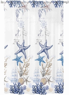 Semi Sheer Curtains for Home, Vintage Ocean Seahorse Starfish Coral Texture Modern Light Filtering Sheer Rod Pocket Drapes for Kitchen Living Room Bedroom, 52"x63" 1 Panel