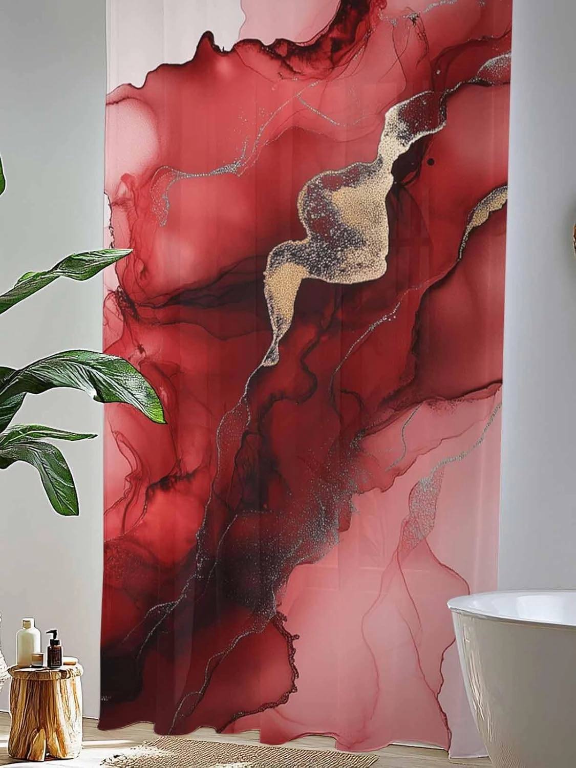 Semi Sheer Curtains for Home, Wave Line Red Gradient Abstract Marble Texture Light Filtering Sheer Rod Pocket Drapes for Kitchen Living Room Bedroom, 52"x108" 1 Panel