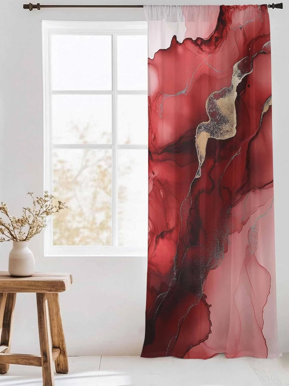 Semi Sheer Curtains for Home, Wave Line Red Gradient Abstract Marble Texture Light Filtering Sheer Rod Pocket Drapes for Kitchen Living Room Bedroom, 52"x108" 1 Panel