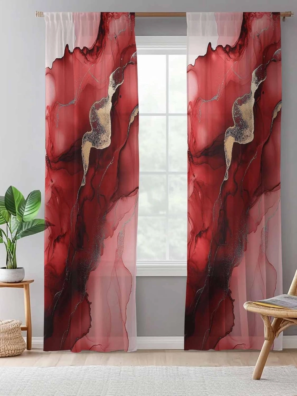 Semi Sheer Curtains for Home, Wave Line Red Gradient Abstract Marble Texture Light Filtering Sheer Rod Pocket Drapes for Kitchen Living Room Bedroom, 52"x108" 1 Panel