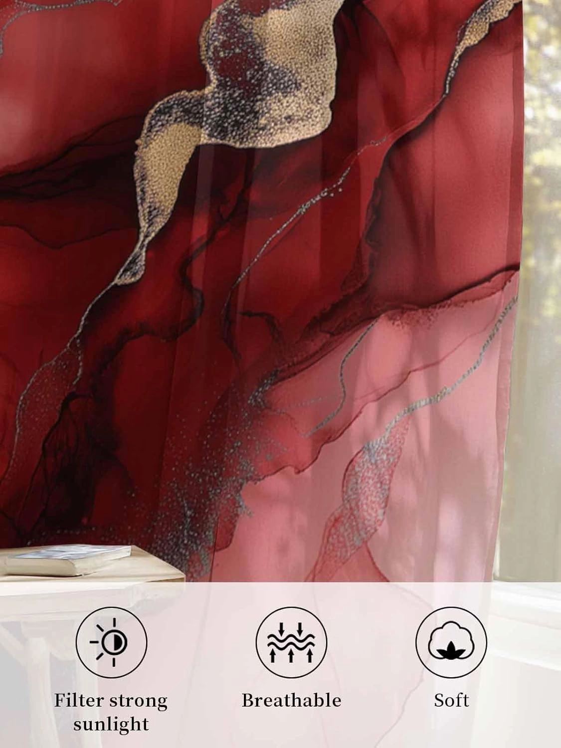 Semi Sheer Curtains for Home, Wave Line Red Gradient Abstract Marble Texture Light Filtering Sheer Rod Pocket Drapes for Kitchen Living Room Bedroom, 52"x108" 1 Panel